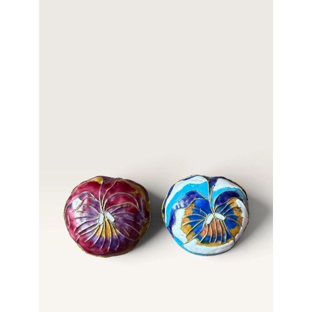 Vintage Chinese Cloisonne Enamel Pansy Flower Trinket Pill Boxes Set of 2 Cobalt